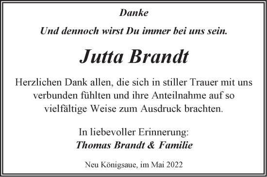 Traueranzeige von Jutta Brandt von Trauerkombi Aschersleben