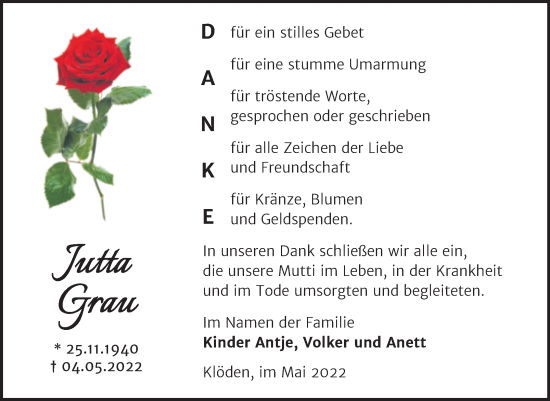 Traueranzeige von Jutta Grau von Trauerkombi Wittenberg