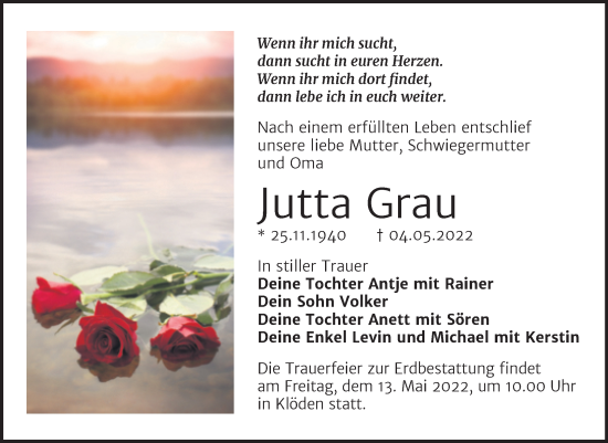 Traueranzeige von Jutta Grau von Trauerkombi Wittenberg