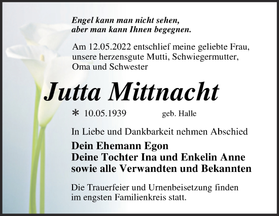 Traueranzeige von Jutta Mittnacht von Trauerkombi Wittenberg