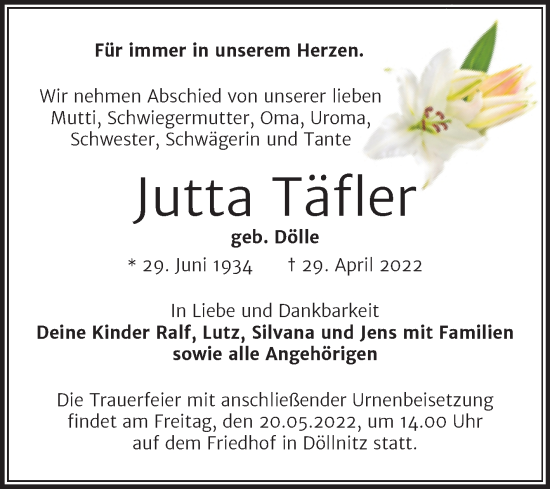 Traueranzeige von Jutta Täfler von Mitteldeutsche Zeitung Halle/Saalkreis