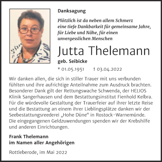 Traueranzeige von Jutta Thelemann von Trauerkombi Sangerhausen