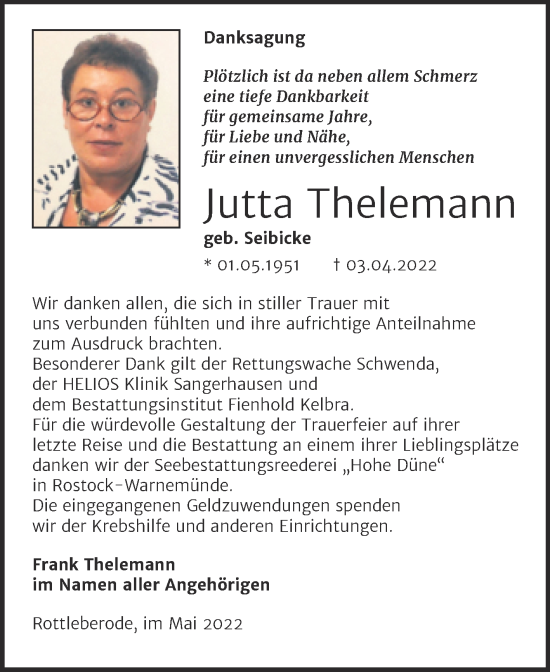 Traueranzeige von Jutta Thelemann von Wochenspiegel Naumburg/Nebra