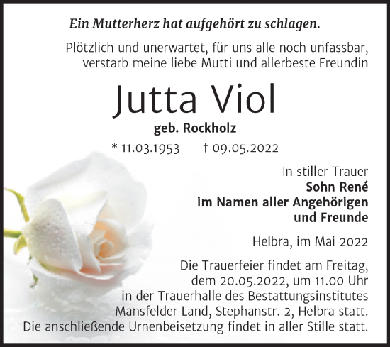 Traueranzeige von Jutta Viol von Trauerkombi Mansfelder Land