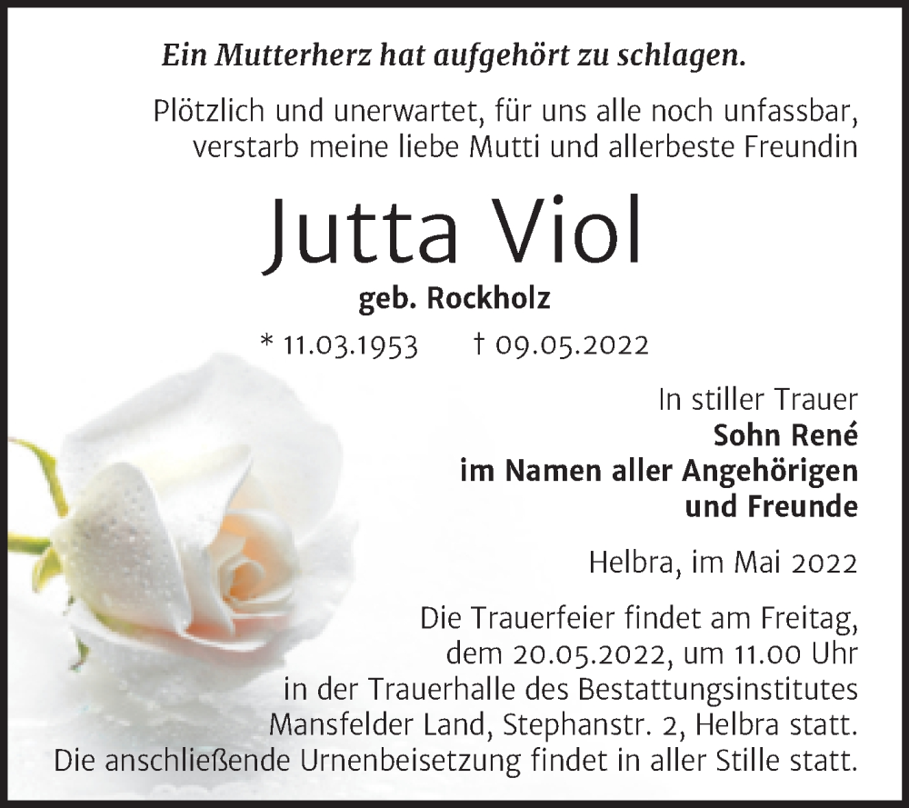  Traueranzeige für Jutta Viol vom 18.05.2022 aus Trauerkombi Mansfelder Land