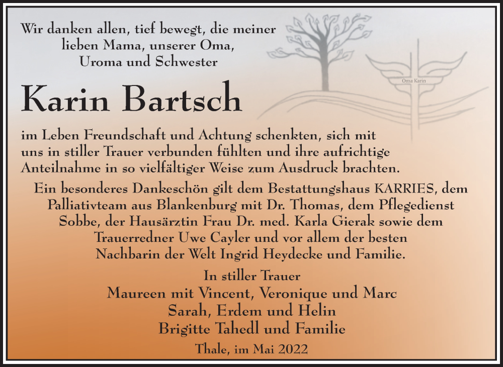  Traueranzeige für Karin Bartsch vom 28.05.2022 aus Trauerkombi Quedlinburg