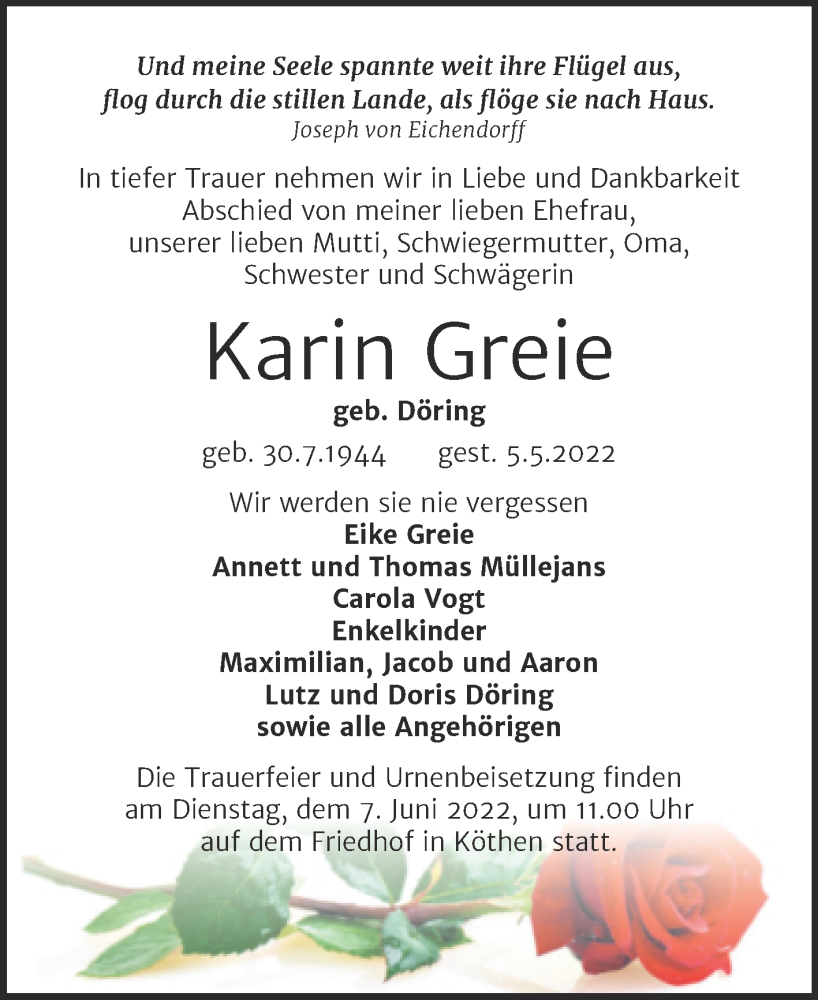  Traueranzeige für Karin Greie vom 14.05.2022 aus Trauerkombi Köthen
