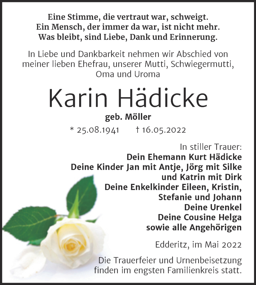  Traueranzeige für Karin Hädicke vom 28.05.2022 aus Trauerkombi Köthen