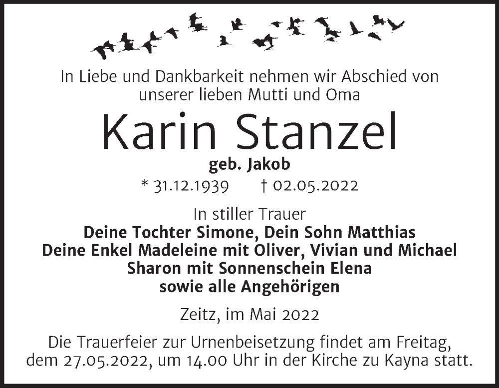  Traueranzeige für Karin Stanzel vom 07.05.2022 aus Trauerkombi Zeitz