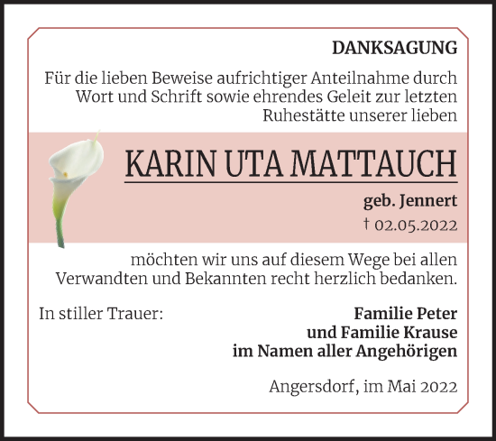 Traueranzeige von Karin Uta Mattauch von Mitteldeutsche Zeitung Halle/Saalkreis