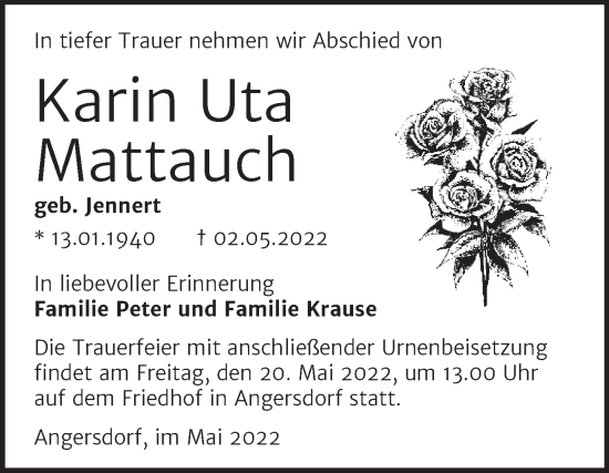 Traueranzeige von Karin Uta Mattauch von Mitteldeutsche Zeitung Halle/Saalkreis