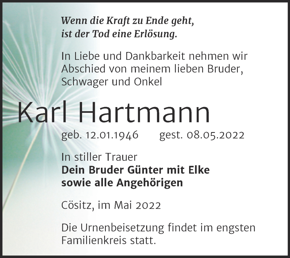  Traueranzeige für Karl Hartmann vom 14.05.2022 aus Trauerkombi Köthen