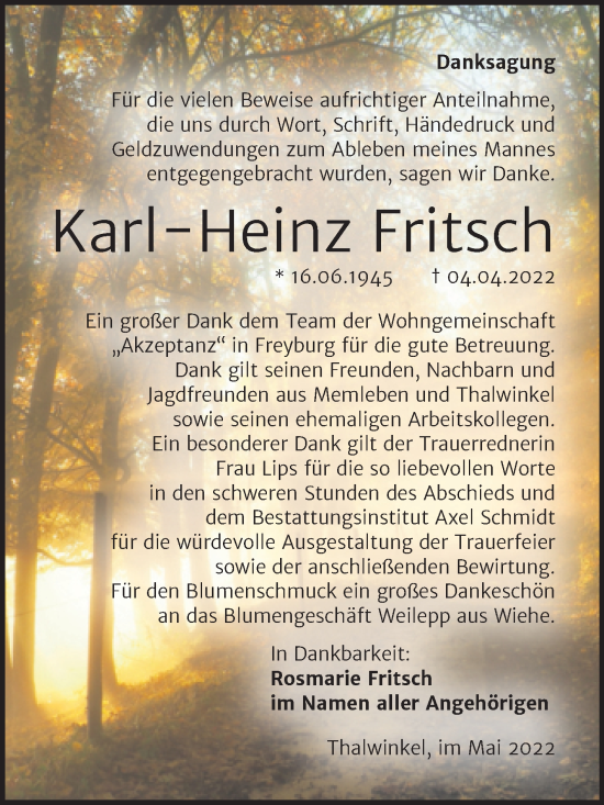Traueranzeige von Karl-Heinz Fritsch von Wochenspiegel Naumburg/Nebra
