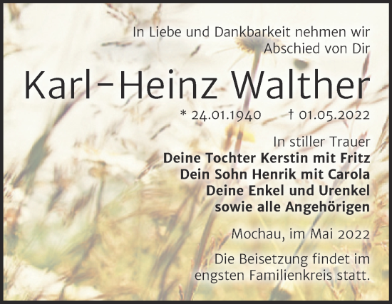 Traueranzeige von Karl-Heinz Walther von Trauerkombi Wittenberg