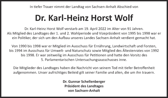 Traueranzeige von Karl-Heinz Horst Wolf von Mitteldeutsche Zeitung Gesamt Sachsen-Anhalt Süd