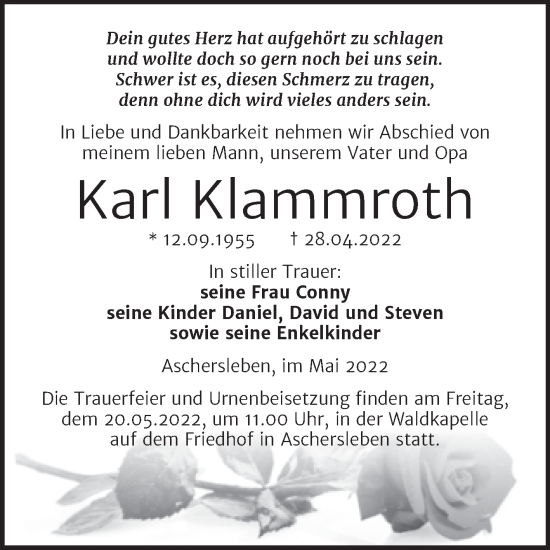 Traueranzeige von Karl Klammroth von Trauerkombi Aschersleben