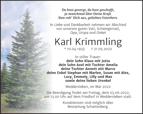 Traueranzeige von Karl Krimmling von Trauerkombi Quedlinburg