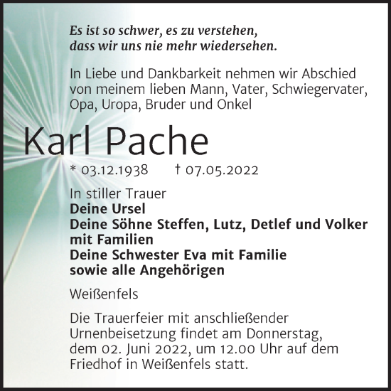 Traueranzeige von Karl Pache von Trauerkombi Weißenfels
