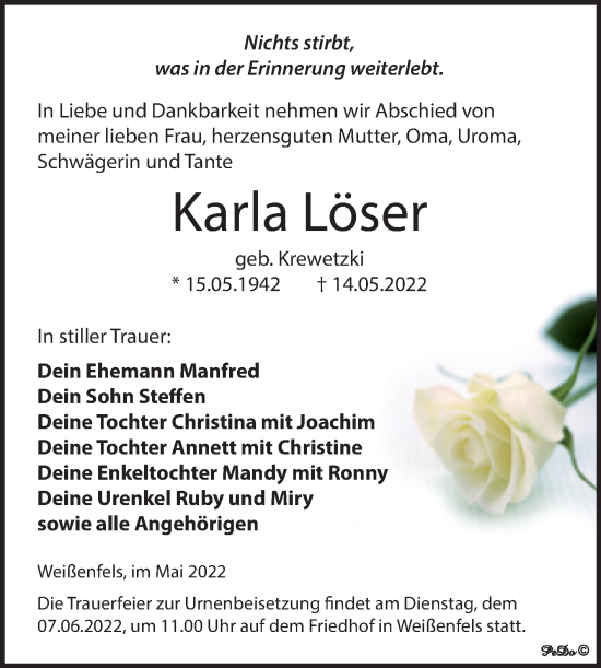 Traueranzeige von Karla Löser von Trauerkombi Weißenfels
