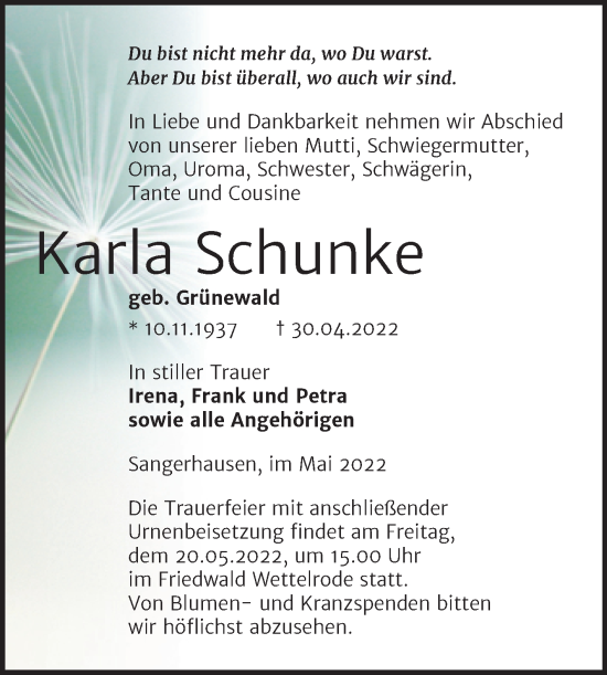 Traueranzeige von Karla Schunke von Trauerkombi Sangerhausen