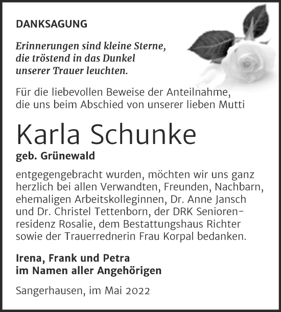 Traueranzeige von Karla Schunke von Mitteldeutsche Zeitung Sangerhausen