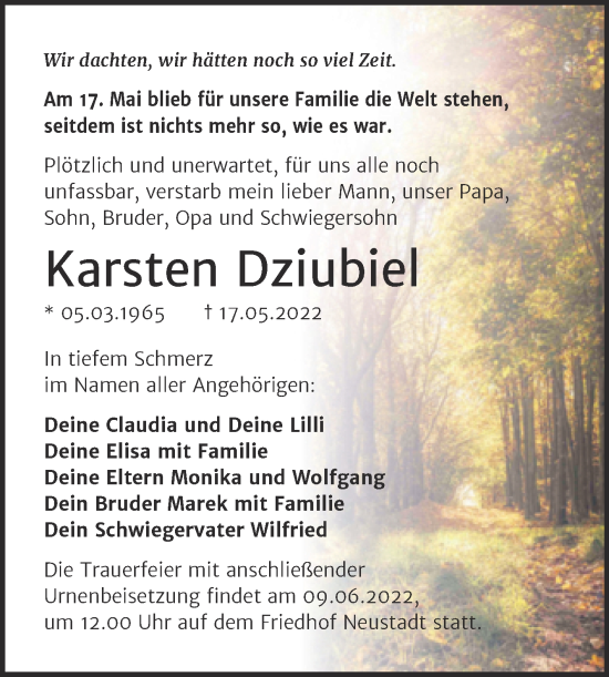 Traueranzeige von Karsten Dziubiel von Mitteldeutsche Zeitung Halle/Saalkreis