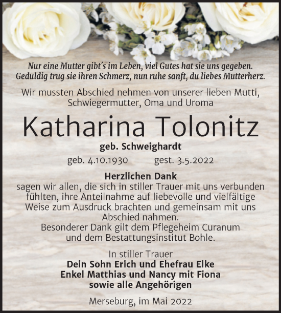 Traueranzeige von Katharina Tolonitz von Trauerkombi Merseburg