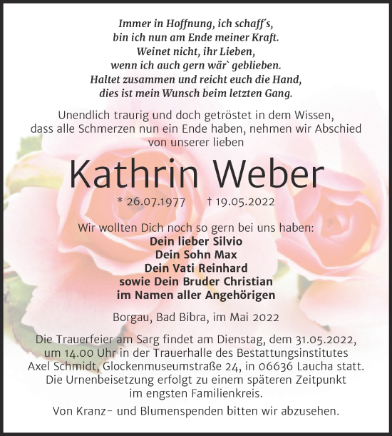 Traueranzeige von Kathrin Weber von Wochenspiegel Naumburg/Nebra
