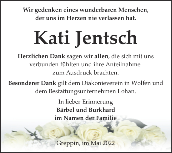 Traueranzeige von Kati Jentsch von Trauerkombi Bitterfeld