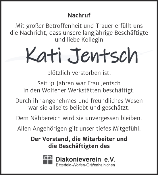 Traueranzeige von Kati Jentsch von Wochenspiegel Bitterfeld