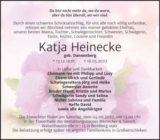 Traueranzeige von Katja Heinecke von Trauerkombi Bernburg