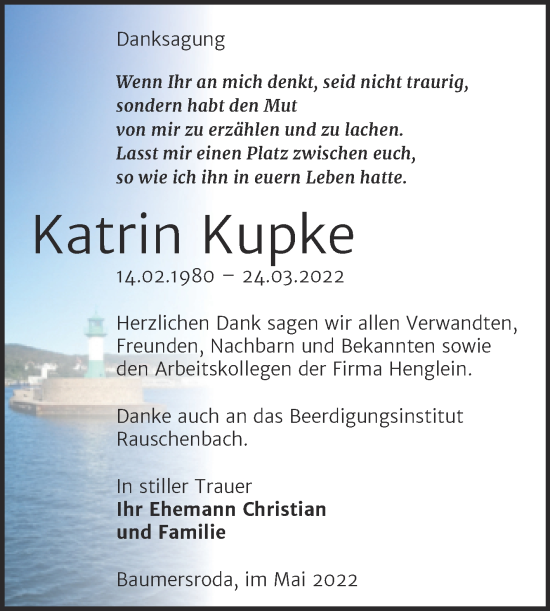 Traueranzeige von Katrin Kupke von Wochenspiegel Naumburg/Nebra