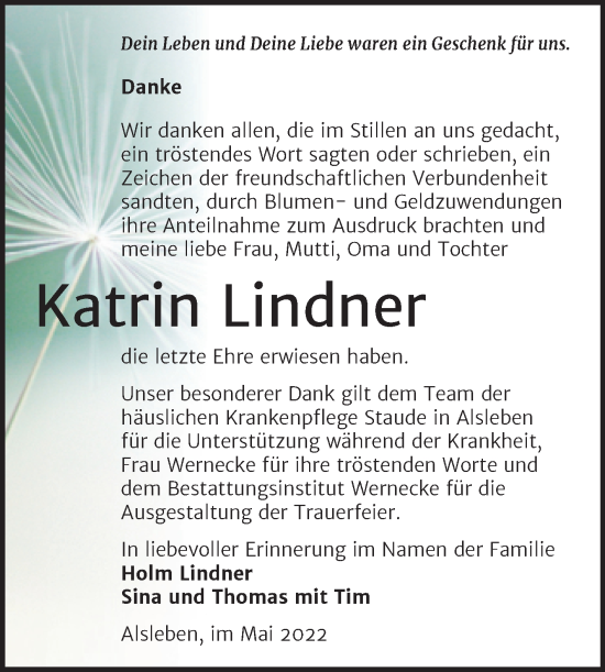 Traueranzeige von Katrin Lindner von Mitteldeutsche Zeitung Bernburg