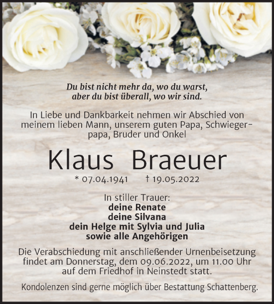 Traueranzeige von Klaus Braeuer von Trauerkombi Quedlinburg