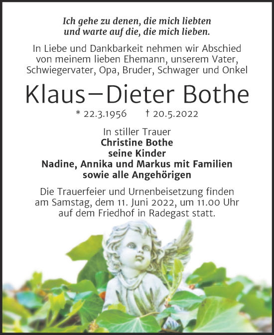Traueranzeige von Klaus-Dieter Bothe von Trauerkombi Köthen