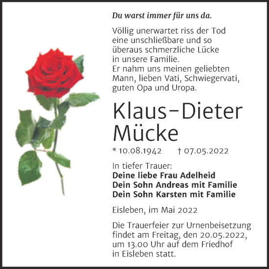Traueranzeige von Klaus-Dieter Mücke von Trauerkombi Mansfelder Land