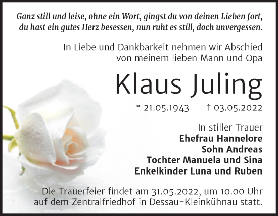 Traueranzeige von Klaus Juling von Trauerkombi Dessau
