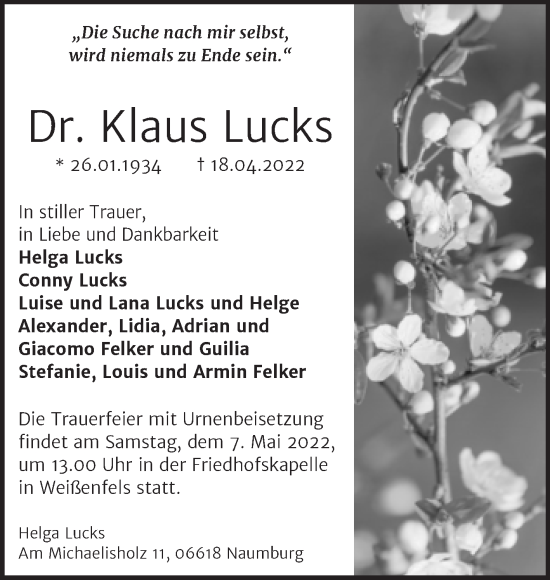 Traueranzeige von Klaus Lucks von Wochenspiegel Naumburg/Nebra