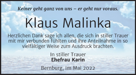 Traueranzeige von Klaus Malinka von Trauerkombi Bernburg