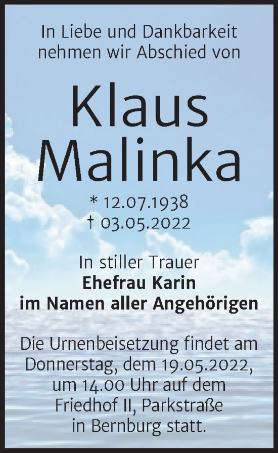 Traueranzeige von Klaus Malinka von Trauerkombi Bernburg