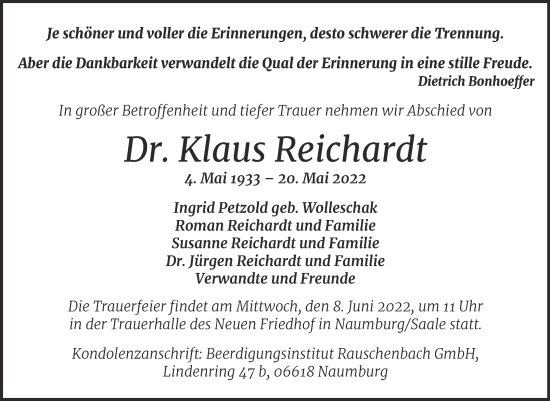 Traueranzeige von Klaus Reichardt von Naumburger Tageblatt