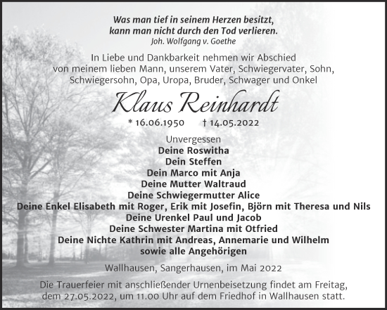Traueranzeige von Klaus Reinhardt von Trauerkombi Sangerhausen