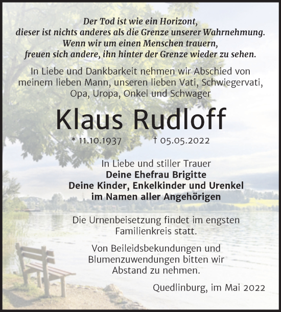 Traueranzeige von Klaus Rudloff von Trauerkombi Quedlinburg