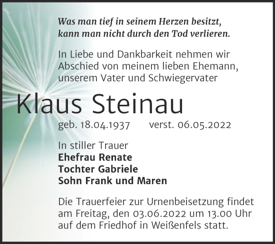 Traueranzeige von Klaus Steinau von Trauerkombi Weißenfels