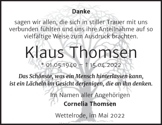 Traueranzeige von Klaus Thomsen von Trauerkombi Sangerhausen