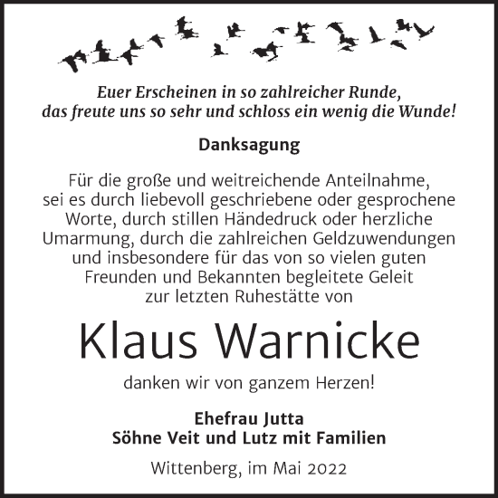 Traueranzeige von Klaus Warnicke von Trauerkombi Wittenberg
