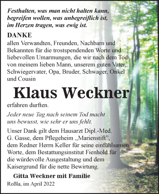 Traueranzeige von Klaus Weckner von Trauerkombi Sangerhausen