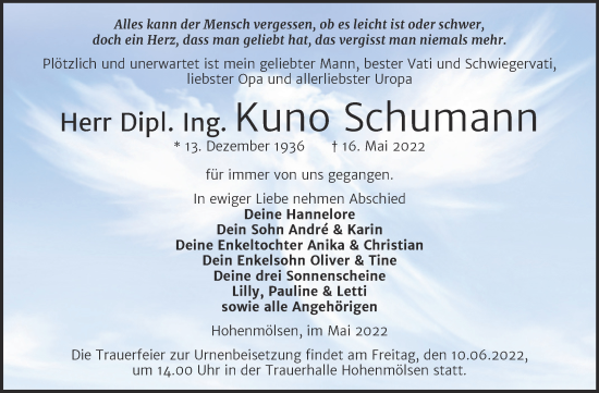 Traueranzeige von Kuno Schumann von Trauerkombi Weißenfels