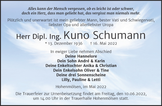 Traueranzeige von Kuno Schumann von Trauerkombi Weißenfels