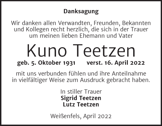 Traueranzeige von Kuno Teetzen von Trauerkombi Weißenfels